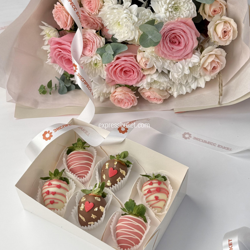 Набор «14 февраля»: Клубника в шоколаде + Букет